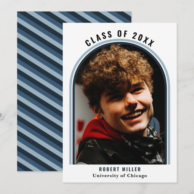 Invitación de graduación de foto de arco azul line (Anverso / Reverso)