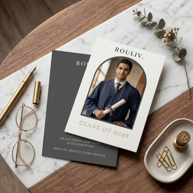Invitación de graduación de foto de arco minimalis (Minimalist Architectural Arch Graduation Invitation | Photo Class of 2026 | ROULIV Stone Grey & Gold)