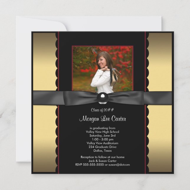 Invitación de graduación de foto de Black Gold Bow (Anverso)