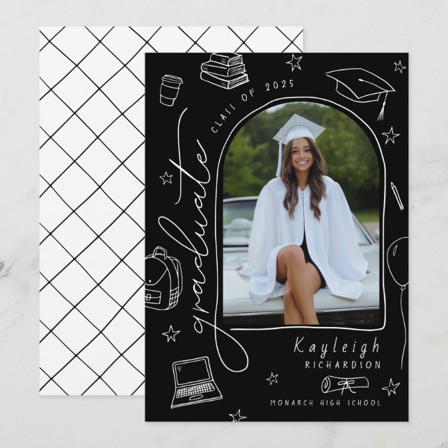 Invitación de graduación de foto de Black White Re (Anverso / Reverso)