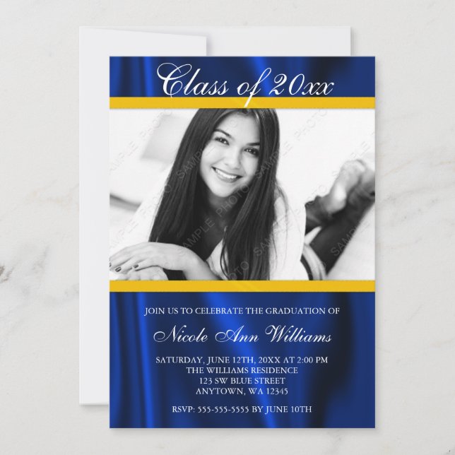 Invitación de Graduación de Foto de Blue Gold Sati (Anverso)