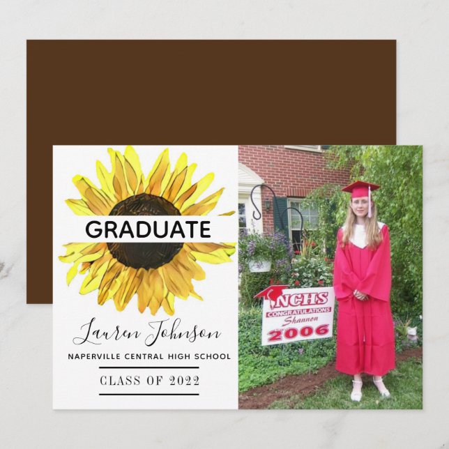 Invitación de graduación de foto de girasol amaril (Anverso / Reverso)