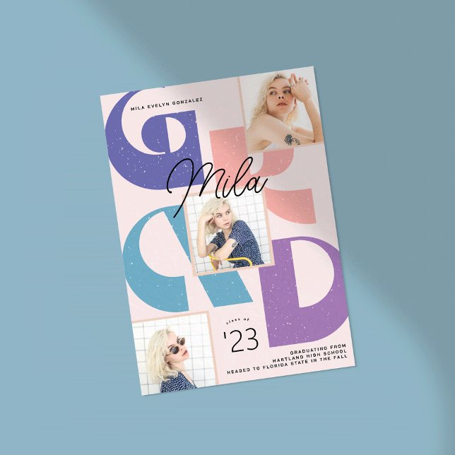 Invitación de graduación de foto de negrita Retro  (retro graduation card with fun bold typography
)