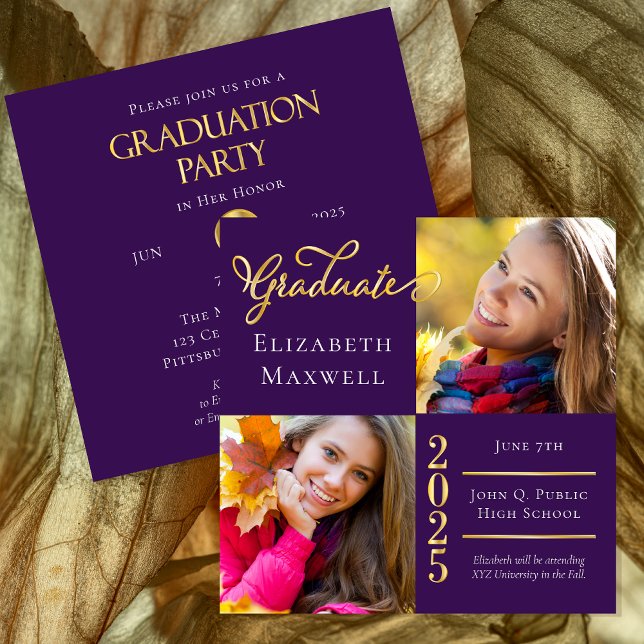 Invitación de graduación de foto de oro morado | F (Purple and Gold Tone Two Photo Collage 2025 Graduation Announcement | Party Invitation Combination)