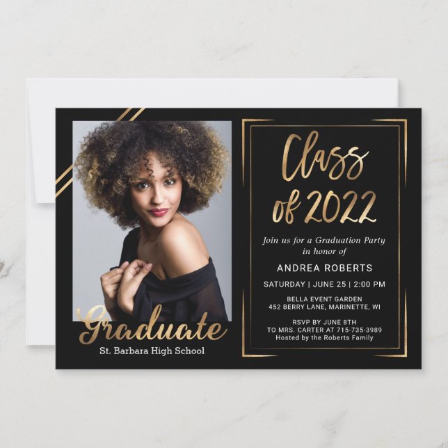 Invitación de graduación de foto de oro negro mode (Anverso)