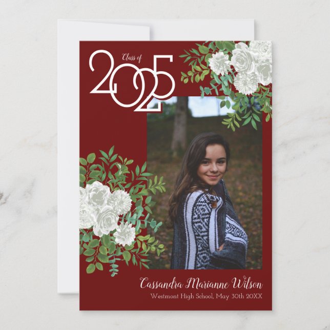 Invitación de Graduación de Foto de Rosa Blanca en (Anverso)