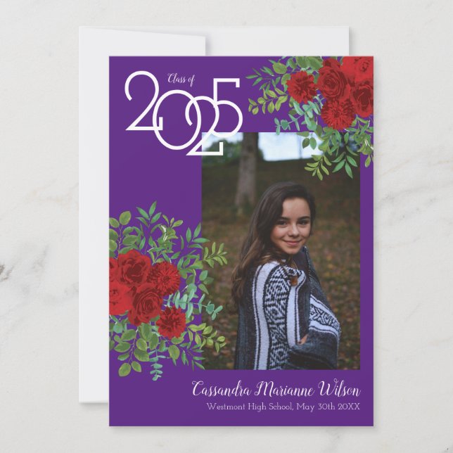 Invitación de Graduación de Foto de Rosa Roja Mora (Anverso)