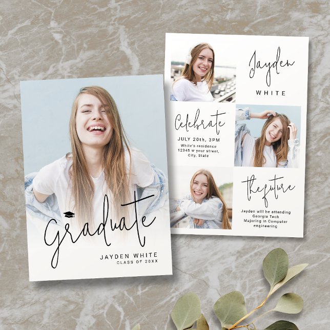Invitación de Graduación de Foto de Script Moderno (Modern Script 4 Photo Graduation Announcement)