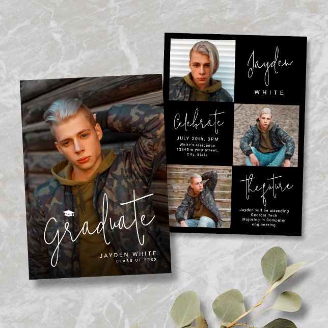 Invitación de Graduación de Foto de Script Moderno (Modern Script 4 Photo Graduation Announcement)