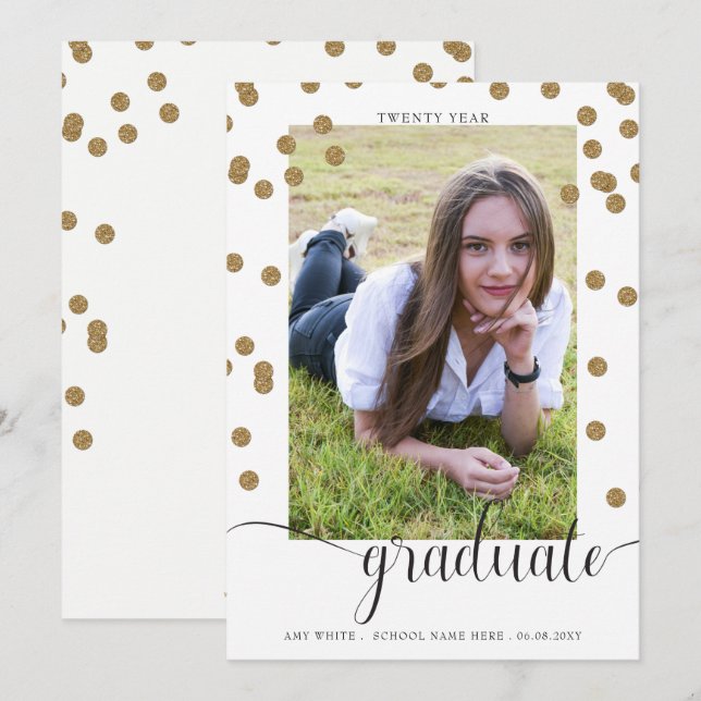 Invitación de Graduación de Foto de White Gold Con (Anverso / Reverso)