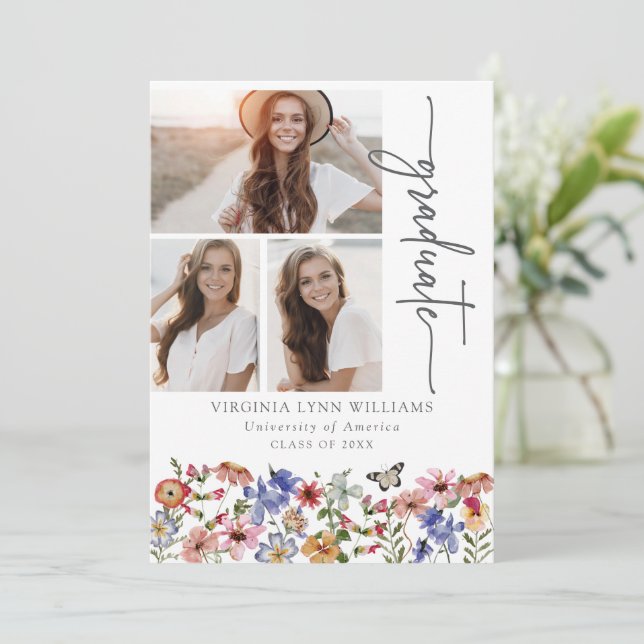 Invitación de Graduación de Foto Floral Colorida (Anverso de pie)