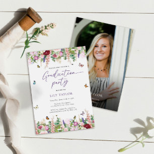 Invitación de Graduación de Foto Floral Rosa Purpu