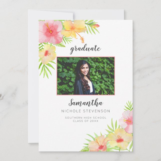 Invitación de Graduación de Foto Floral Tropical (Anverso)