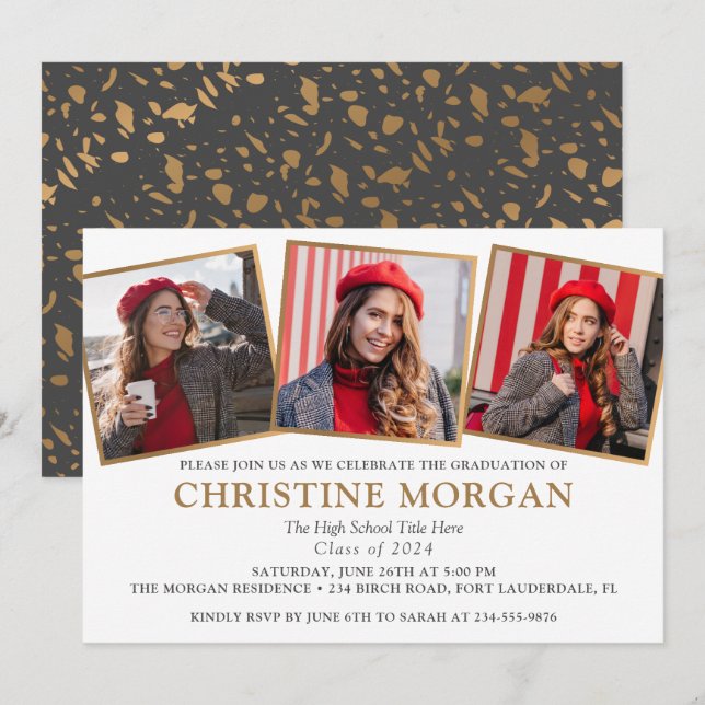 Invitación de Graduación de Foto Graduada de Oro N (Anverso / Reverso)