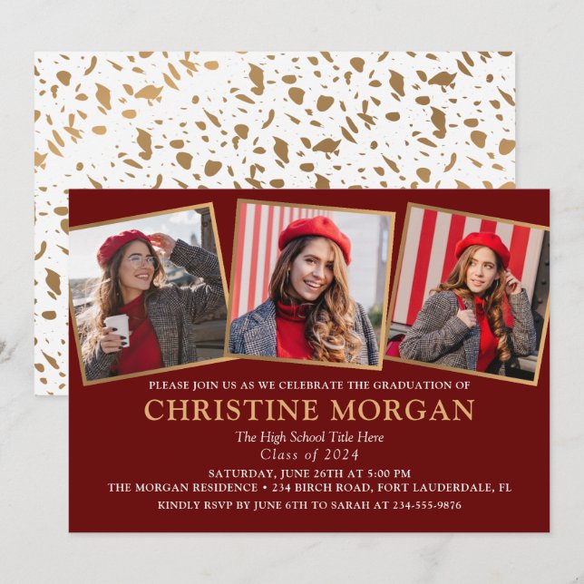 Invitación de Graduación de Foto Graduada de Oro N (Anverso / Reverso)