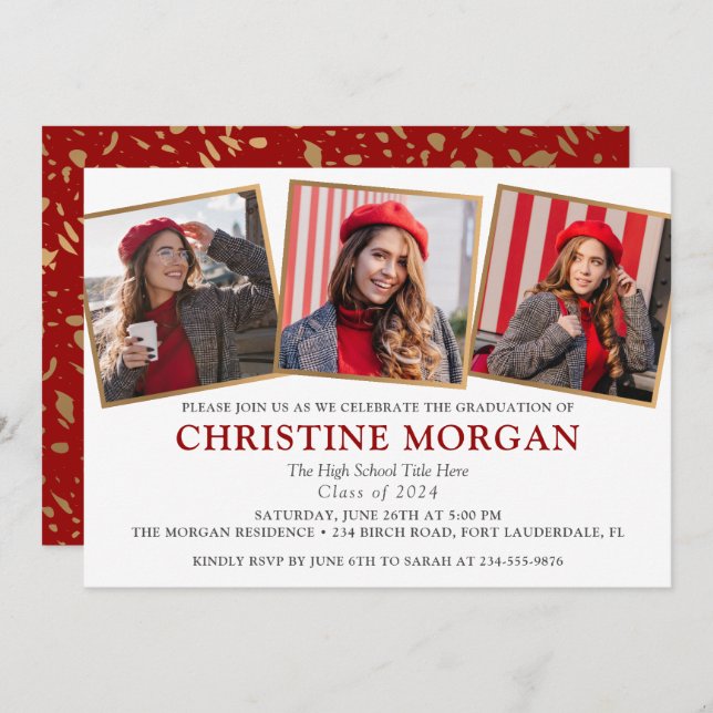 Invitación de Graduación de Foto Graduada de Oro R (Anverso / Reverso)