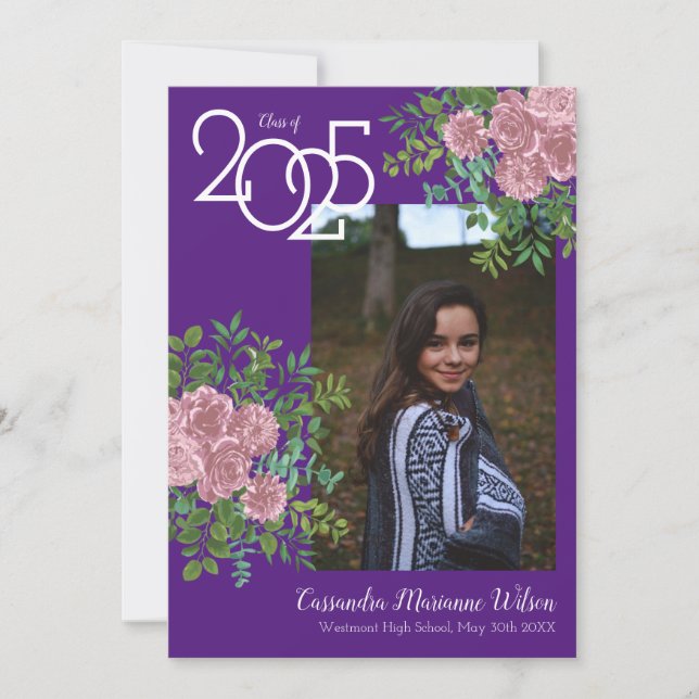 Invitación de Graduación de Foto Pink Rose Purple (Anverso)