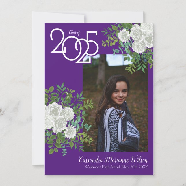 Invitación de Graduación de Foto Púrpura de Rosa B (Anverso)