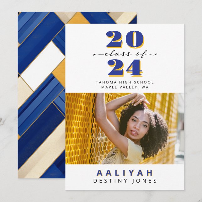 Invitación de Graduación de Foto Real Azul + Oro (Anverso / Reverso)
