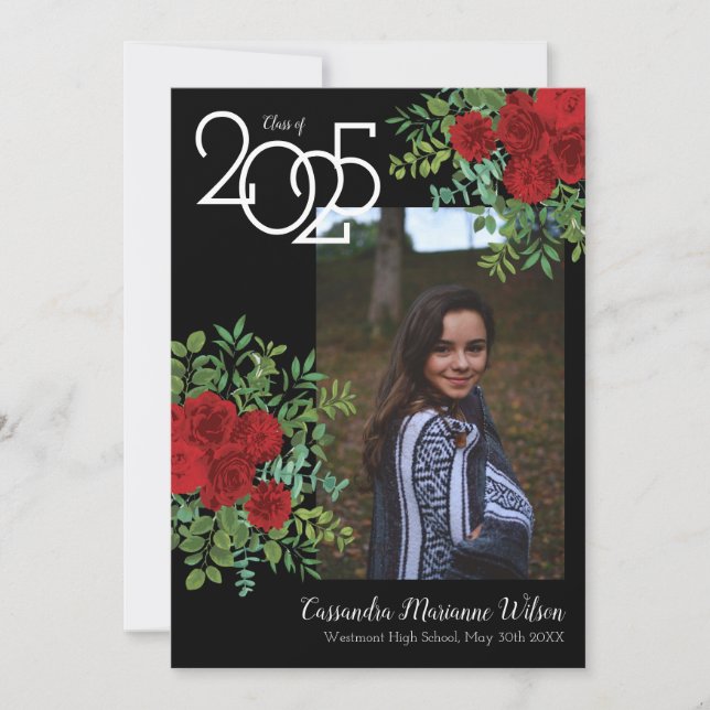 Invitación de Graduación de Foto Red Rose Black (Anverso)