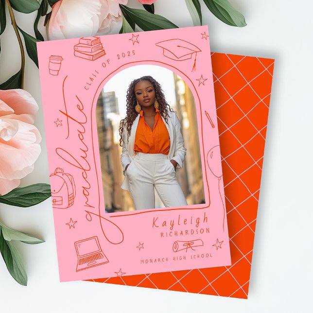 Invitación de Graduación de Foto Retro Naranja Ros (Shown on a 5" x 7" announcement card - front & back)
