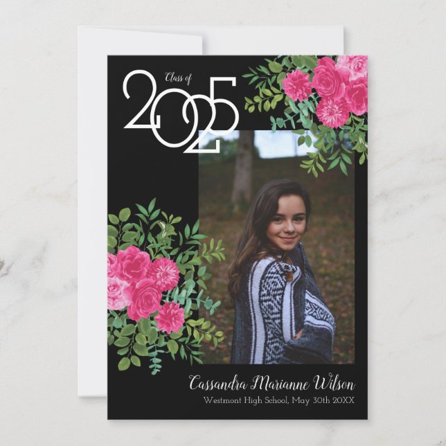 Invitación de Graduación de Foto Rosa Negro (Anverso)