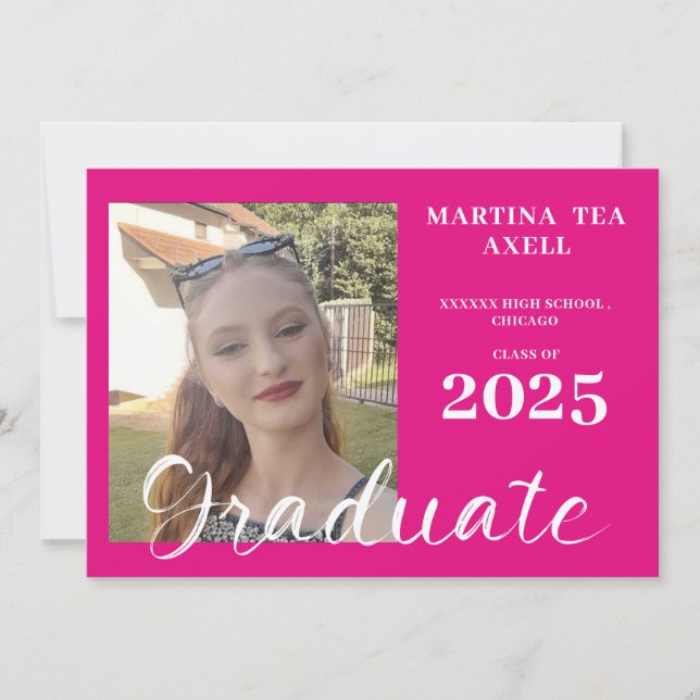 Invitación de Graduación de Foto Rosada Caliente (Anverso)