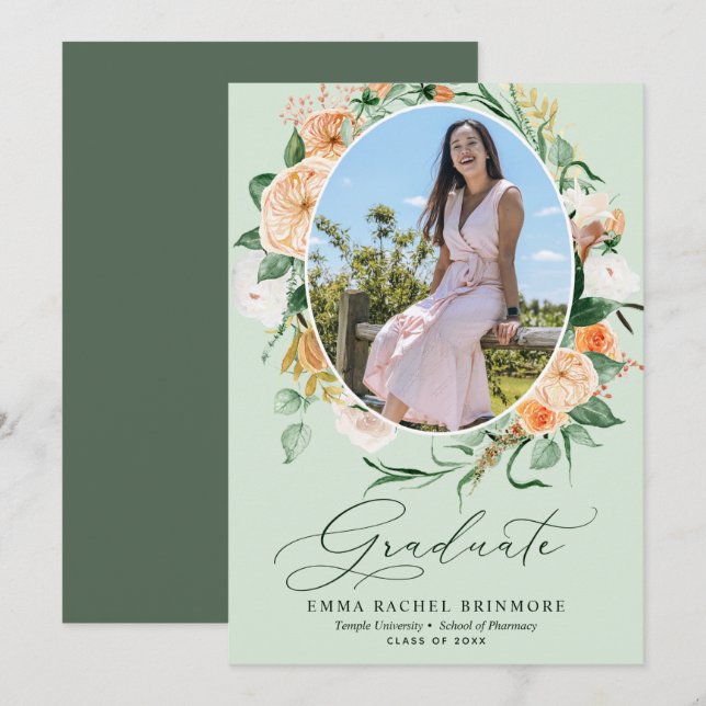 Invitación de Graduación de Foto Verde Boho Botáni (Anverso / Reverso)