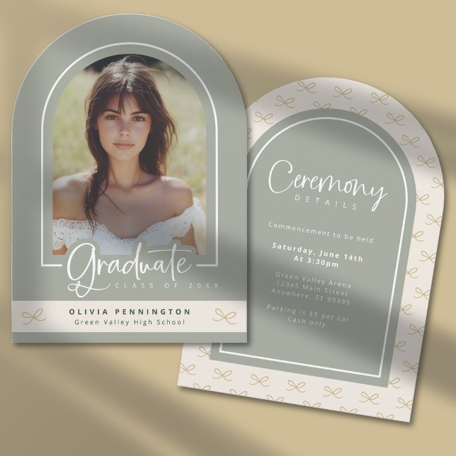 Invitación de graduación de foto verde Girly Sage (Front + Back)