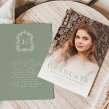 Invitación de graduación de foto verde monograma