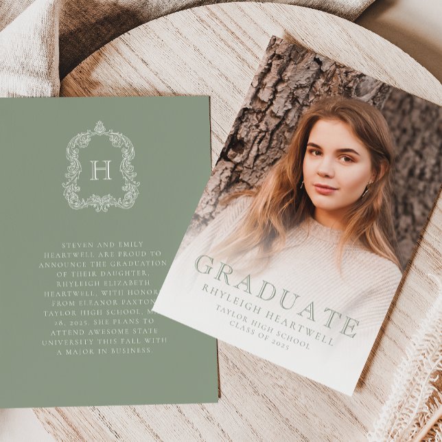 Invitación de graduación de foto verde monograma (Subido por el creador)