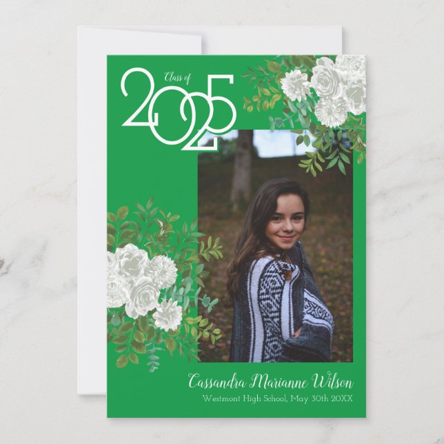 Invitación de Graduación de Foto Verde Rosa Blanca (Anverso)