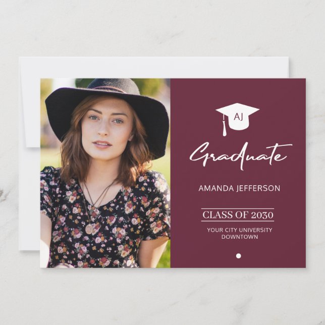 Invitación de graduación de fotografía burgundy (Anverso)