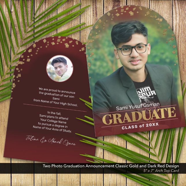 Invitación de Graduación de Fotografía Clásica Oro (Two Photo Graduation Announcement: Classic Design in Gold and Dark Red)