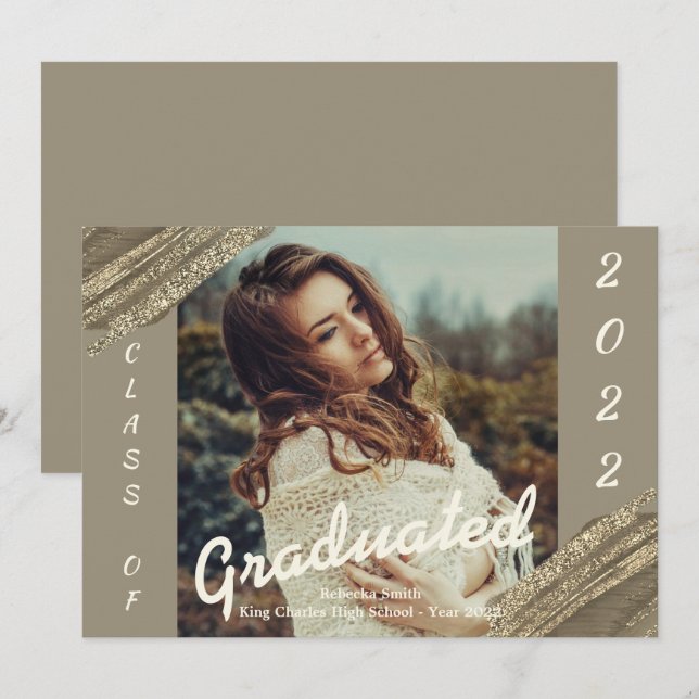 Invitación de graduación de fotografía Gold Green (Anverso / Reverso)