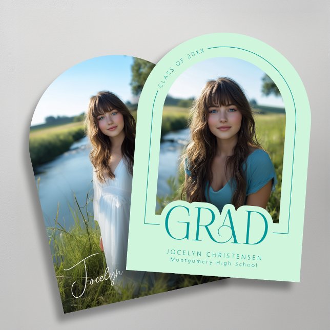 Invitación de graduación de fotografía moderna de  (Front + Back of a 5" x 7" Announcement with Arch Corner Style)