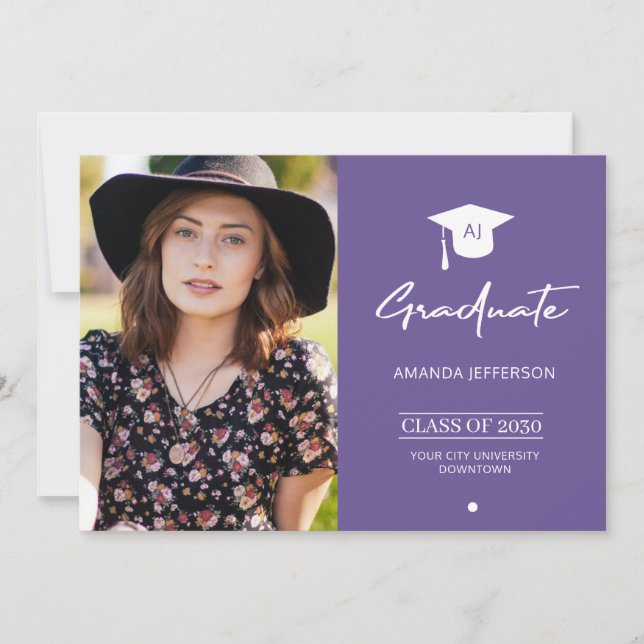 Invitación de graduación de fotografía morada (Anverso)