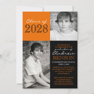 Invitación de graduación de fotografía naranja y n