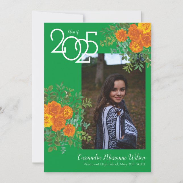 Invitación de graduación de fotografía verde Rosa  (Anverso)