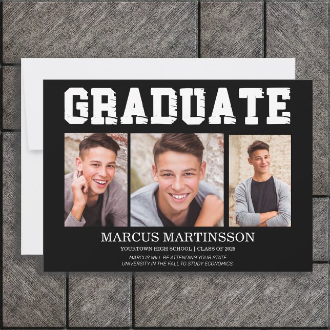 Invitación de graduación de fotografías Black 3 (Black and white 3-photo graduation announcement for him. High School or College graduates)