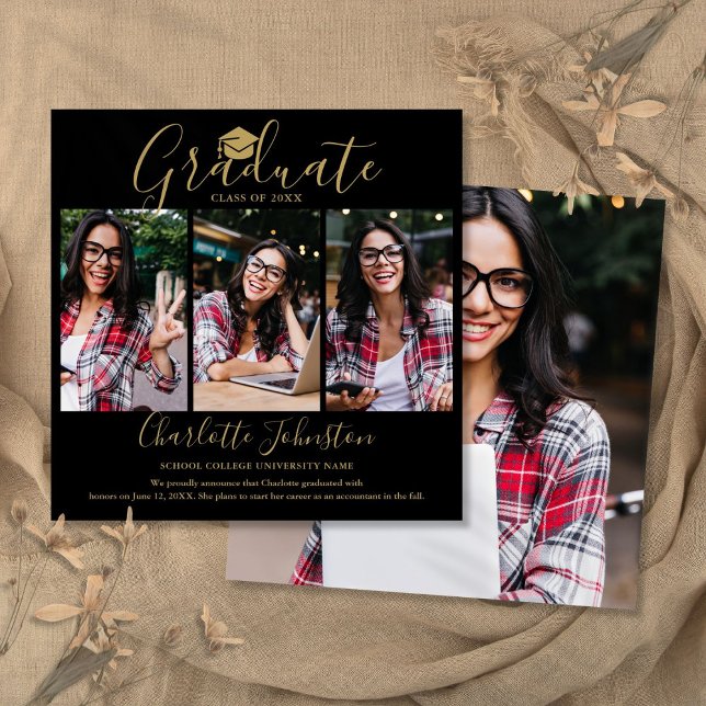 Invitación de graduación de fotografías Black Gold (Black Gold Script 4 Photo Graduation Announcement)