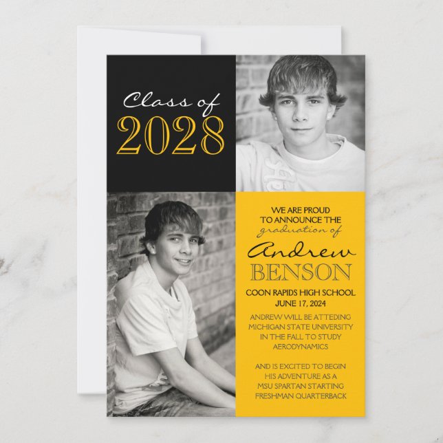 Invitación de graduación de fotografías Gold y Bla (Anverso)