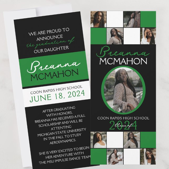 Invitación de Graduación de Fotografías Green y Bl (Black and Green 9 Photo Elegant Formal Graduation Announcements)