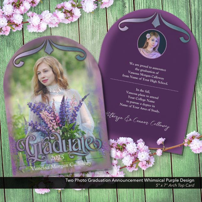 Invitación de Graduación de Fotografías Púrpura Br (Two Photo Graduation Announcement: Whimsical and Enchanting Purple Fairytale Aesthetic.)