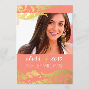 Invitación de graduación de fotos Coral Gold Swirl