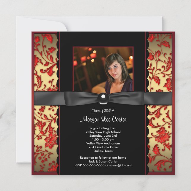 Invitación de graduación de fotos de damasco negro (Anverso)