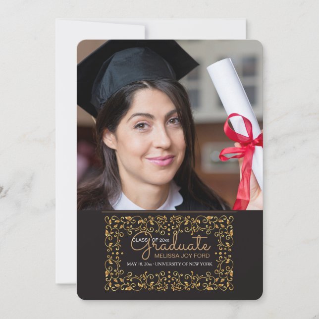 Invitación de graduación de fotos de marco dorado  (Anverso)
