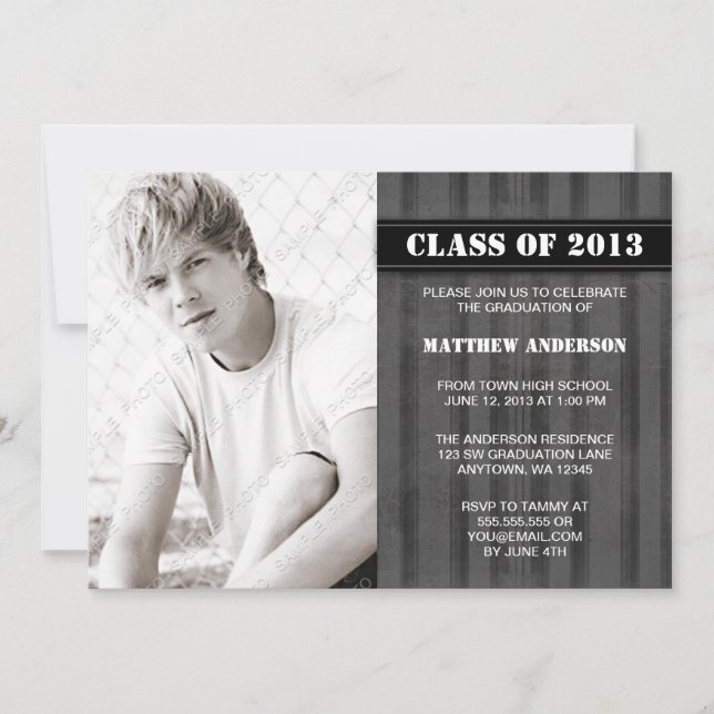 Invitación de graduación de fotos en franja gris (Anverso)