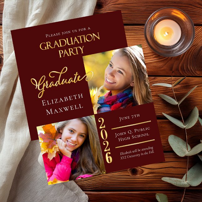 Invitación de graduación de fotos maroon Gold | FI (Elegant Maroon and Gold Tone Two Photo Collage Graduation Announcement and Party Invitation Combo)