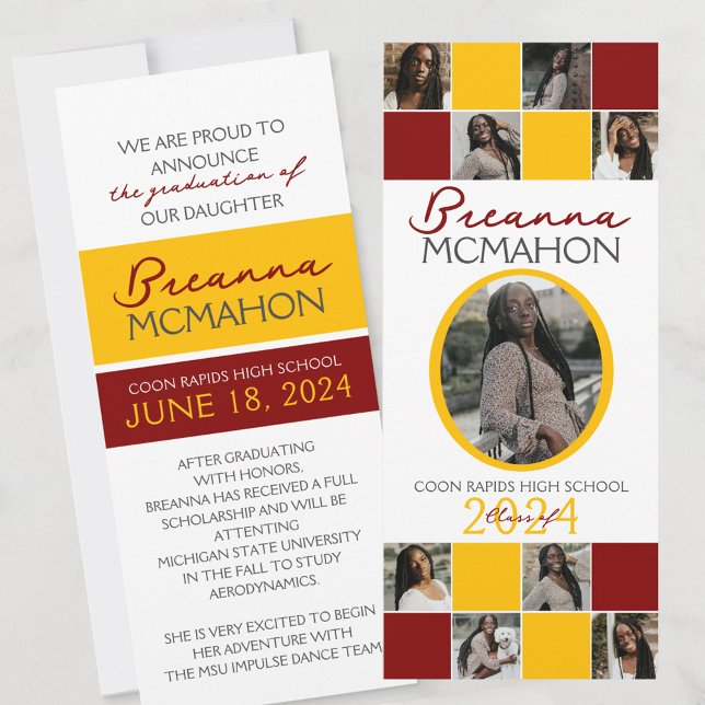 Invitación de graduación de fotos Maroon y Gold 9 (Elegant 9 Photo Graduation Double Sided Announcements in White Yellow Gold and Maroon)